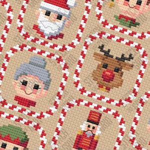 Könnte beinhalten: Kreuzstichmuster mit verschiedenen Weihnachtsfiguren, darunter Weihnachtsmann, Weihnachtsfrau, ein Elf, ein Rentier und ein Nussknacker. Jede Figur ist in einem roten und weißen Rahmen.
