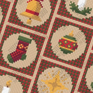 May include: A cross-stitch pattern featuring a variety of Christmas decorations, including a bell, a stocking, a bauble, a star, and a candle. The decorations are arranged in a grid pattern and are surrounded by a red and green border.