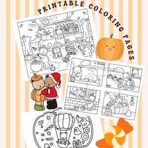 May include: Printable colouring pages with Halloween-themed illustrations. The images include bears in costumes, a pumpkin, a hot air balloon, and the text "Trick or Treat". The background has a striped pattern.