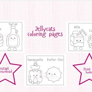 Peut inclure: Illustrations en noir et blanc de crêpes, de sirop, de lait, de biscuits, d'un château de sable et d'un poisson-globe. Le texte "Jellycats coloring pages" est affiché, ainsi que les textes "Instant download" et "Print at home".