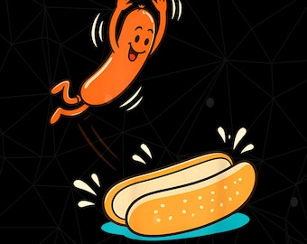 Funny Hot Dog Jumping Into Bun Png, Cute Sausage Summer BBQ Grill Party Png, Funny Png