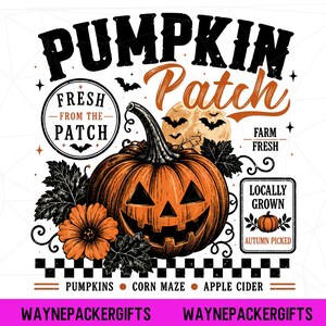 Könnte beinhalten: Ein Grafikdesign mit einem zentralen geschnitzten Kürbis, schwarzen Blättern und einer orangefarbenen Blume. Der Text umfasst PUMPKIN PATCH, FRESH FROM THE PATCH, FARM FRESH, LOCALLY GROWN, AUTUMN PICKED, PUMPKINS, CORN MAZE und APPLE CIDER.