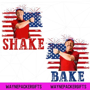 Pode incluir: Dois designs gráficos apresentando uma pessoa com bigode vestindo uma camisa polo vermelha e um boné azul e vermelho. Cada design inclui um fundo de bandeira americana desgastada com fogos de artifício e o texto SHAKE em vermelho ou BAKE em azul.