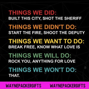 Pode incluir: Design gráfico preto com texto em branco, amarelo, laranja e vermelho. O texto lista coisas feitas, não feitas, desejadas e que serão feitas. A parte inferior tem o texto "WAYNEPACKERGIFTS" em rosa.