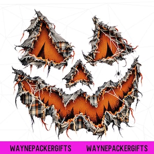 May include: A graphic design featuring a jack-o'-lantern face composed of distressed, frayed fabric patches in orange knit and black and white plaid. The design includes spiderwebs and a small black spider, with the text WAYNEPACKERGIFTS.