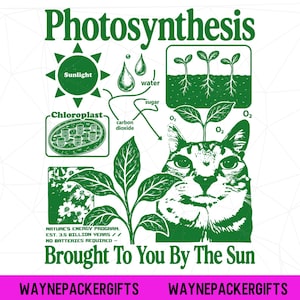 May include: A green graphic print featuring the word Photosynthesis, a sun, water droplets, a chloroplast, and a cat with a plant growing from its head. Text includes Nature's energy program, est. 3.5 billion years, no batteries required, and Brought To You By The Sun.