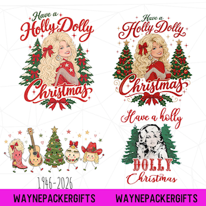 Può includere: Un foglio grafico digitale con quattro illustrazioni natalizie di Dolly Parton. I disegni includono il testo Have a Holly Dolly Christmas, una chitarra, un albero decorato, uno stivale da cowboy e una pallina con braccia e gambe.
