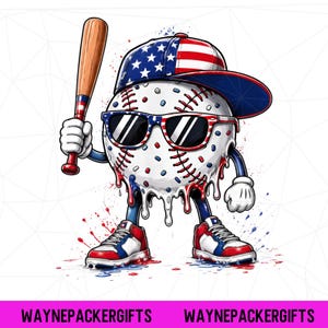May include: A baseball character illustration wearing sunglasses, a baseball cap, and sneakers, holding a baseball bat. The baseball is white with red stitching and dripping red and blue paint. The cap and sunglasses feature an American flag design.