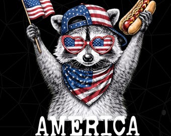 Mapache americano perrito caliente png, divertido mapache 4 de julio png, bandera estadounidense patriótica png