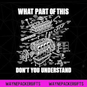 May include: A black and white technical diagram of an exploded engine assembly with various labelled components including the cylinder block, intake manifold, and oil pan. The text reads WHAT PART OF THIS DON'T YOU UNDERSTAND and WAYNEPACKERGIFTS.