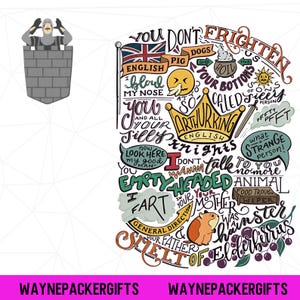 May include: A graphic design featuring a knight in a stone tower and various hand-lettered quotes including "You don't frighten us," "English pig dogs," "I fart in your general direction," and "Your mother was a hamster and your father smelt of elderberries."