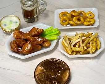 Dollhouse Miniature BBQ Chicken Wings, Onion Rings and Fries: 1/12 Scale