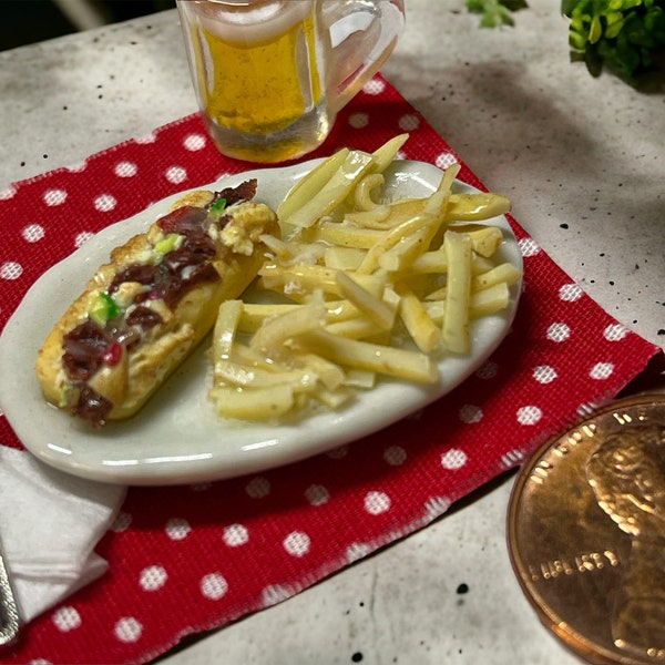 Dollhouse Miniature Philly Cheesesteak and Fries Plate 1:12 Scale