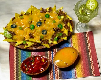 Dollhouse Miniature Nachos with Queso and Salsa: 1/12 scale.