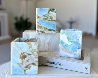 NIEUWE Blauwe Marmeren Kubus Kaarsenhouder, Decoratieve Pot, Tafelorganizer, Decoratiebakje, Bloemenvaas, Plantenpot, Tafellamp, Woondecoratie, Cadeau