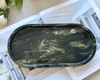 Handcrafted Forest Green Marble Tray -12x6 Large Dark Green Stone Catchall -Unique Decorative Tray for Coffee Table or Bathroom Elegant Gift