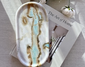 NEW Blue Marble Tray ‘Maldives Stone’ – Luxury Vanity Tray, Bathroom Organize,Jewelry Holder, Coffee Table Decor, Elegant Gift, size12*6 in