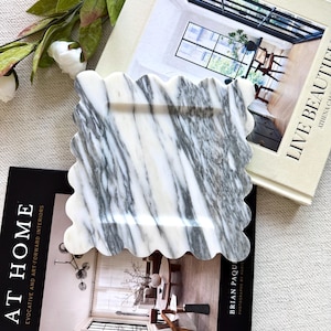 Square Marble Tray  7.8"- Handmade Scalloped  Italian Calacatta Vagli Stone Decor gift for Her | Bathroom Vanity, Entry Desk or Coffee Table