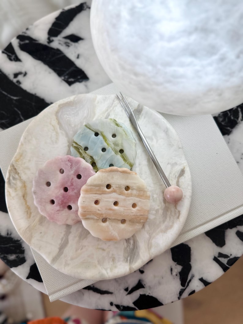 Medium Cloudscape White Marble Round Tray | 8.2” Translucent Natural Stone Accent -Bathroom Vanity Organizer -Luxury Perfume Candle Tray image 6