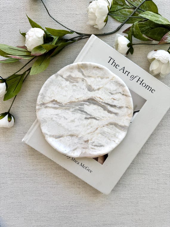Round Marble Tray - 8.2in D ,Natural Stone Catchall for Coffee Table & Console -Modern Bathroom Vanity Organizer -Luxury Perfume Candle Tray