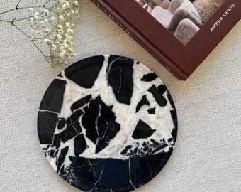 Black Nero Antico Marble Tray: Round Coffee Table, Vanity Organizer,8.8 in diam