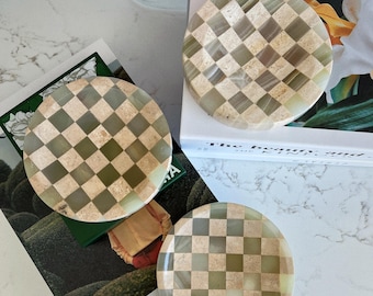 Checkered Marble Catchall ,Travertine and jade Onyx Round vanity tray,Jewelry Dish Stone Soap Dish Coffee Table Decor ,Candle Holder,ashtray