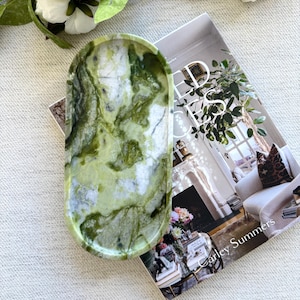 Daedalus Green Marble Statement Tray ,Deep Green oblong Stone Tray - Minimalist Vanity Perfume Organizer ,Artisan Hand-Picked Natural Marble