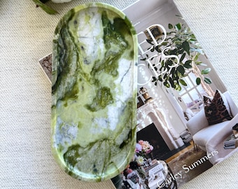 Daedalus Green Marble Statement Tray ,Deep Green oblong Stone Tray - Minimalist Vanity Perfume Organizer ,Artisan Hand-Picked Natural Marble