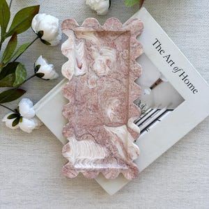 Pink Shell Marble Tray – Natural Stone 12" x 6" Scalloped Dish, Ocean Fossil Coffee Table Catchall, Soft Blush Luxury Organizer, Home Gift