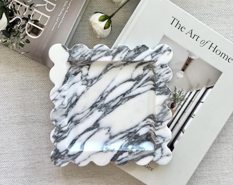 Square Marble Tray  7.8"- Scalloped  Italian Calacatta Vagli Stone Decor gift for Her | Bathroom Vanity, with small crack in last picture
