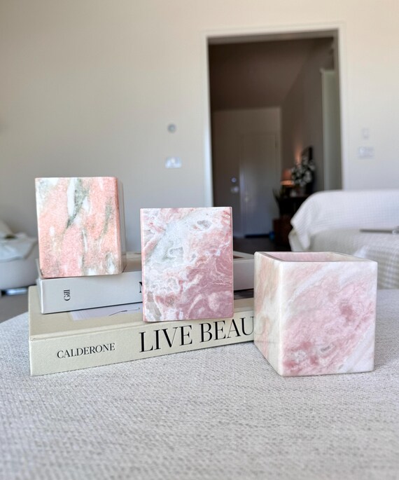 Pink marble Cube Candle Holder ,Decorative Jar ,table organizer, decor container, flower vase , Marble table light ,diffuser container,gift