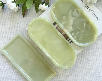 Green Onyx Oblong Tray，Translucent Jade Stone Vanity Plate - Catchall for Bathroom & Kitchen - Natural Gemstone Home Decor gift