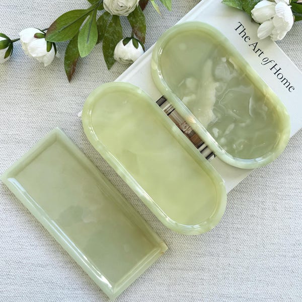 Green Onyx Oblong Tray，Translucent Jade Stone Vanity Plate - Catchall for Bathroom & Kitchen - Natural Gemstone Home Decor gift
