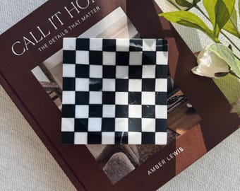 Checkered Marble Catchall ,Travertine and Onyx Round vanity tray,Jewelry Dish Stone Soap Dish Coffee Table Decor ,ashtray.4.9 in