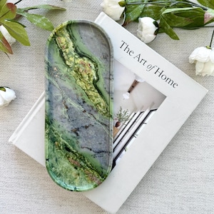 Monet Green Marble tray on coffee table console table tray, stone art piece table decor, vanity Catchall Tray,Perfume Tray ,size 12*4.8in