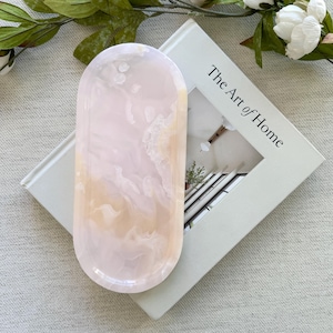 Bandeja artesanal em mármore ônix rosa - Prato decorativo em pedra rosa - Organizador de banheiro de luxo e porta-joias - Decoração para mesa lateral - Presente exclusivo para casa