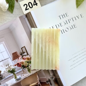 May include: A rectangular bar of soap with a wavy edge, featuring a light green and peach color gradient. The soap is placed on an open book with the title "THE REDEMPTIVE HOME" visible. A white tag with the number "204" is also present.