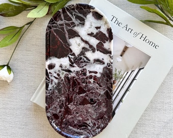 Bandeja de mármol Rosso Levanto, bandeja oblonga para tocador, mesa auxiliar, decoración para mesa de centro, idea de regalo navideño, tamaño 11,8 x 6