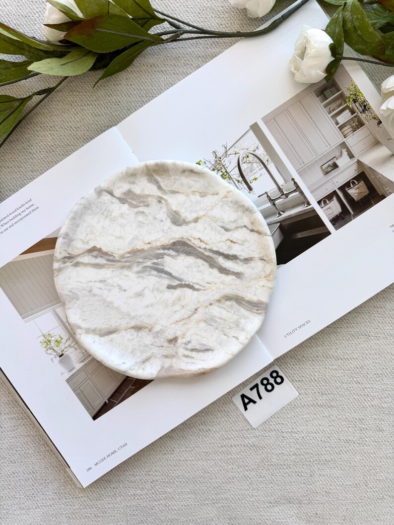 Medium Cloudscape White Marble Round Tray | 8.2” Translucent Natural Stone Accent -Bathroom Vanity Organizer -Luxury Perfume Candle Tray image 15