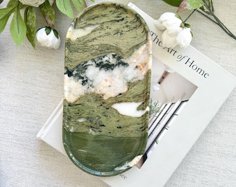 Green Marble oblong tray marble coffee table console table,vanity tray Catchall Tray,jewelry trinket tray, bathroom organize. 12*6 in