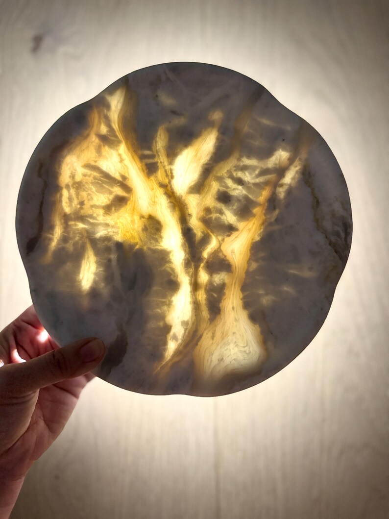 Medium Cloudscape White Marble Round Tray | 8.2” Translucent Natural Stone Accent -Bathroom Vanity Organizer -Luxury Perfume Candle Tray image 2
