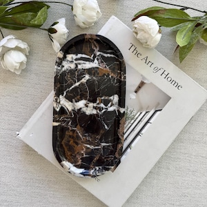 Nero Portoro Marble Tray - Black and Gold Jewelry Dish -Luxury Bathroom Organizer & Catchall - Modern Coffee Table Decor - Housewarming Gift