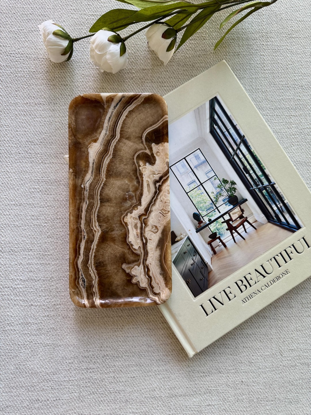 Curated visual reference: Natural Stone Home Decor Accessories Reference: Terracotta Onyx Vanity Tray Marble Bathroom Organizer Coffee Table