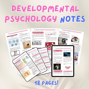 Puede incluir: Un conjunto de 18 páginas de notas de psicología del desarrollo. Las notas están en formato digital y se muestran en una tableta e impresas en papel. Las notas incluyen ilustraciones y diagramas.