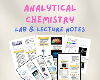 Può includere: Una raccolta di 96 pagine di appunti di laboratorio e di lezione per la chimica analitica. Gli appunti sono stampati su carta bianca e presentano diagrammi, grafici e testo. Gli appunti sono sparsi su una superficie marrone chiaro.