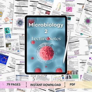Peut inclure: Une tablette numérique affiche "Microbiologie 2 Notes de cours" avec une illustration de cellule stylisée. Autour de la tablette, de nombreuses pages de notes, de schémas et de texte. Un stylet blanc est posé sur le côté droit. Le texte "79 PAGES", "TÉLÉCHARGEMENT INSTANTANÉ" et "PDF" est également visible.