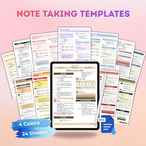 Peut inclure: Un ensemble de modèles de prise de notes en différentes couleurs et nuances, affichés sur une tablette et des feuilles individuelles. L'image comprend le texte "NOTE TAKING TEMPLATES", "4 Colors" et "24 Shades". Un stylet et une icône de fichier DOC sont également présents.