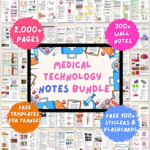 Könnte beinhalten: Ein Bundle mit medizinischen Technologie-Notizen mit dem Text "MEDICAL TECHNOLOGY NOTES BUNDLE" auf einem Tablet. Das Bild enthält über 2.000 Seiten, über 300 Wandnotizen, kostenlose Vorlagen und über 100 Aufkleber und Karteikarten.