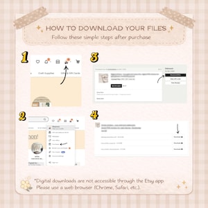 Peut inclure: Infographie beige expliquant comment t&eacute;l&eacute;charger des fichiers apr&egrave;s l'achat. Elle pr&eacute;sente des &eacute;tapes num&eacute;rot&eacute;es avec des captures d'&eacute;cran d'un site Web, avec le texte "HOW TO DOWNLOAD YOUR FILES".