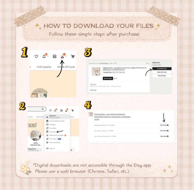 Peut inclure: Infographie beige expliquant comment t&eacute;l&eacute;charger des fichiers apr&egrave;s l'achat. Elle pr&eacute;sente des &eacute;tapes num&eacute;rot&eacute;es avec des captures d'&eacute;cran d'un site Web, avec le texte "HOW TO DOWNLOAD YOUR FILES".